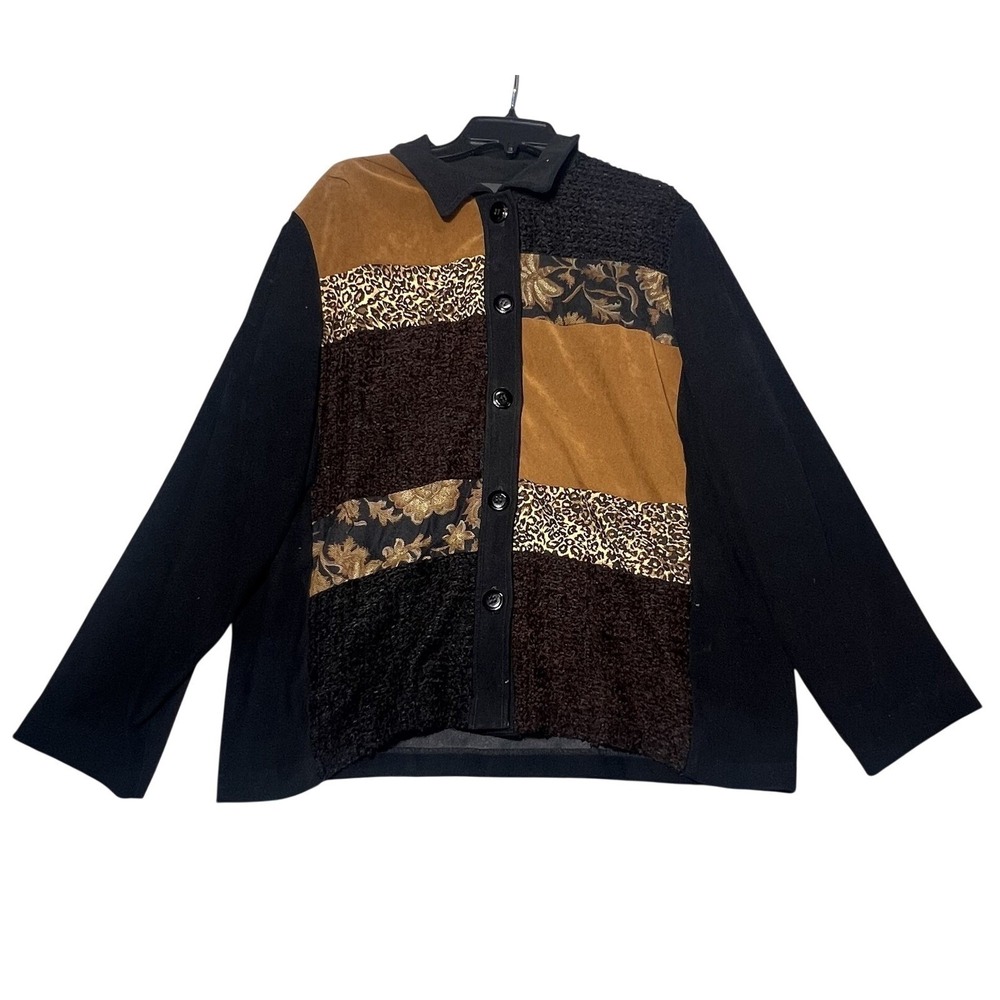 First Option TOO! Women's 1X Plus Size Patchwork Button Front Jacket Black Brown